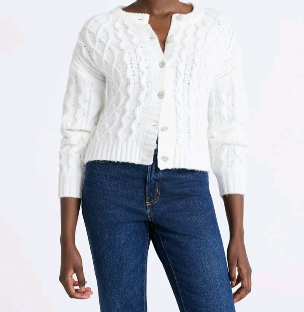 Cottagecore Free Assembly Cable-Knit White Cardigan Coquette XXL Jewel Buttons